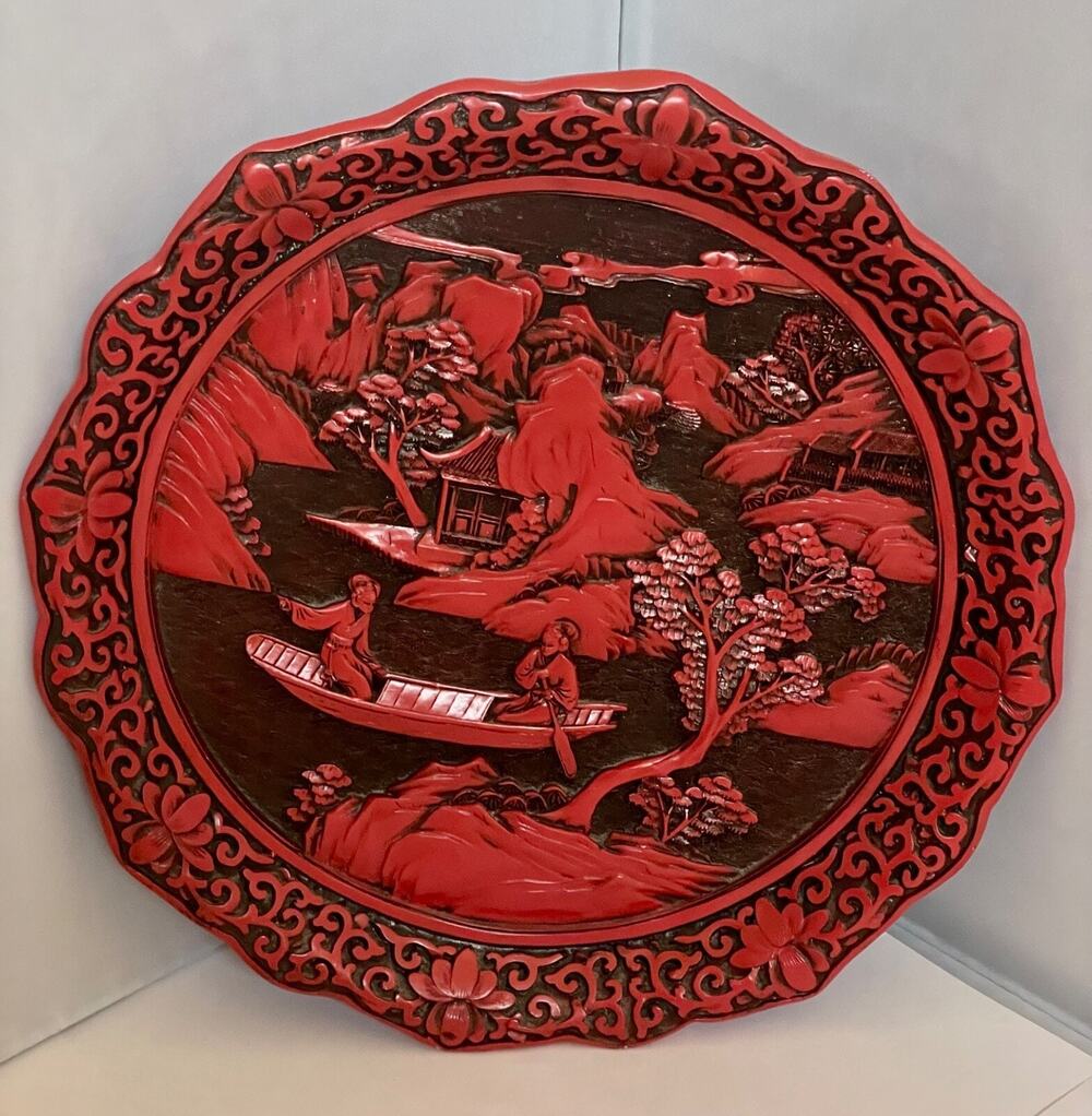 Chinese Hand-Carved Lacquer Red Cinnabar Resin Plate (Boat Scene)